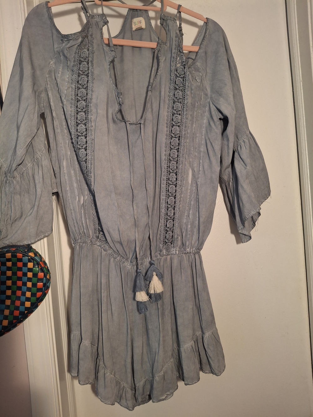UE Light Blue Lace-Trim Tie-Front Mini Dress/Skort
